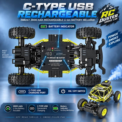 Duster 4WD RC Monster Truck for Kids | Rechargeable Off-Road Remote Control Car with Smoke Effect (Yellow)