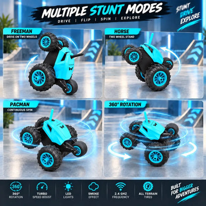 Warrior 360° RC Stunt Car for Kids | 7 Stunt Modes, LED Lights & Speed Boost (Sky Blue)