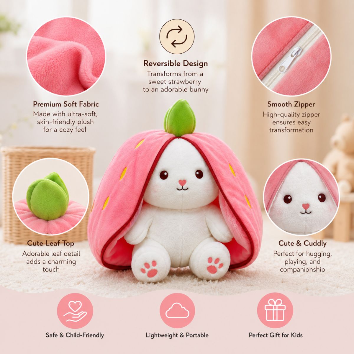 Toys Cartel Reversible Zipper Rabbit Bunny Toy for Kids | Cute Plush Bunny