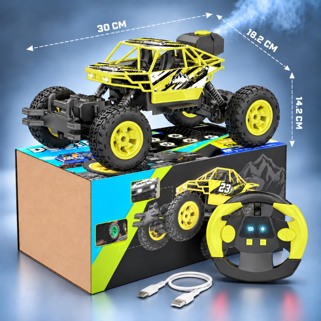 Duster 4WD RC Monster Truck for Kids | Rechargeable Off-Road Remote Control Car with Smoke Effect (Yellow)