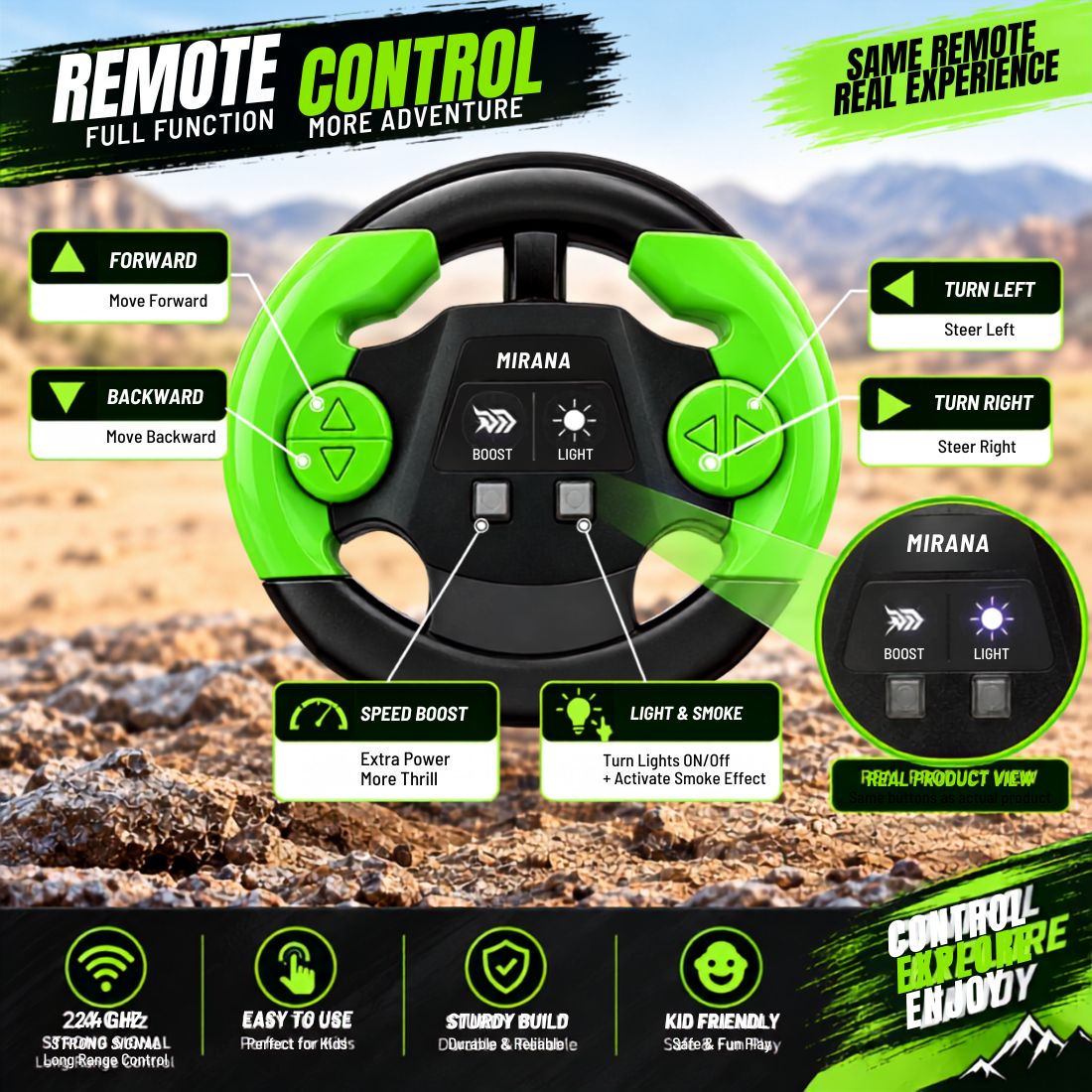 Duster 2WD RC Monster Truck for Kids | Rechargeable Off-Road Remote Control Car with Smoke Effect (Green)