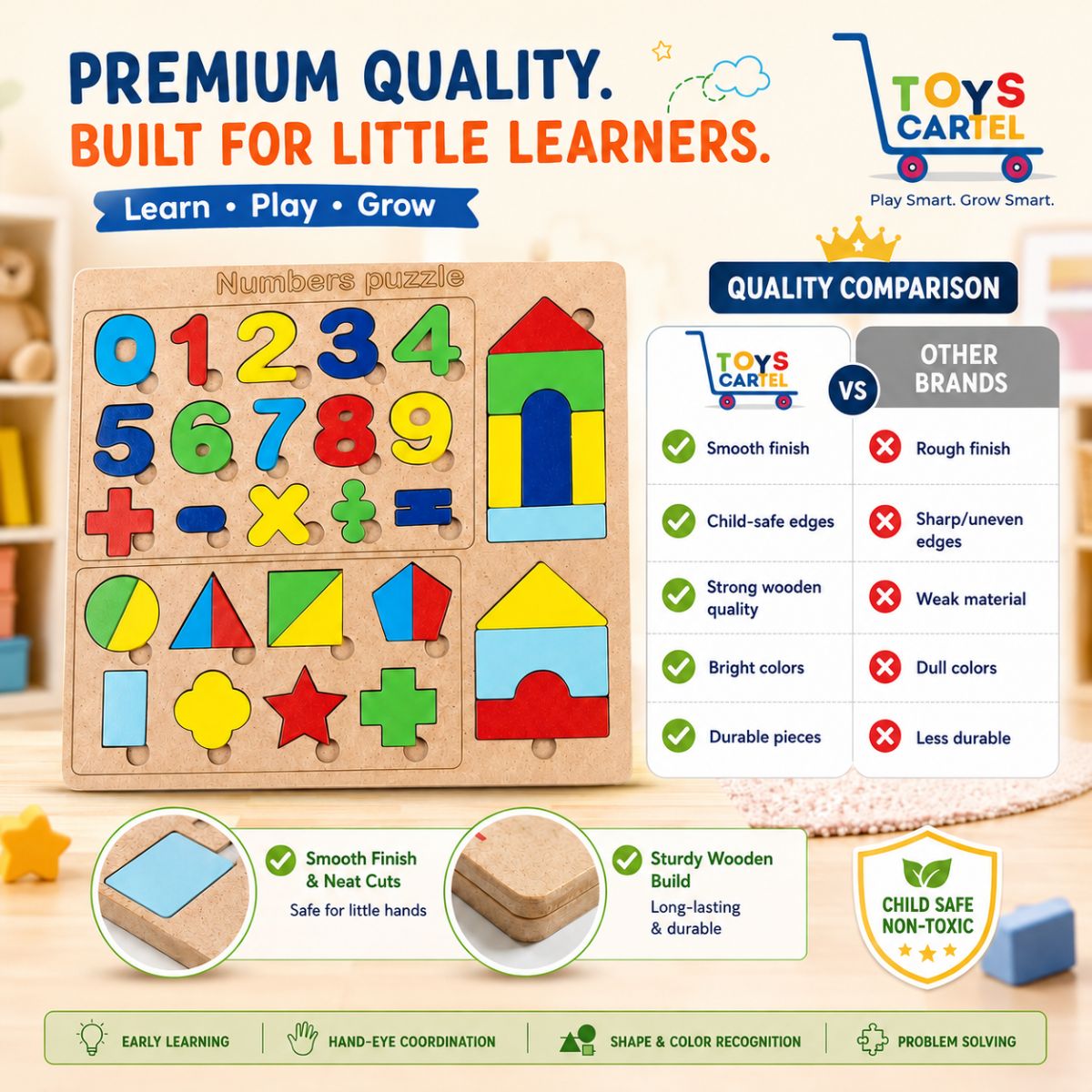 Wooden Numbers & Shapes Puzzle Board for Kids