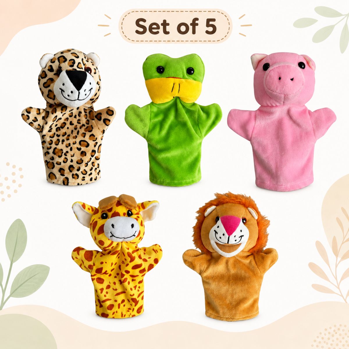 Animal Hand Puppet Set for Kids – Frog, Giraffe, Pig, Cheetah & Lion