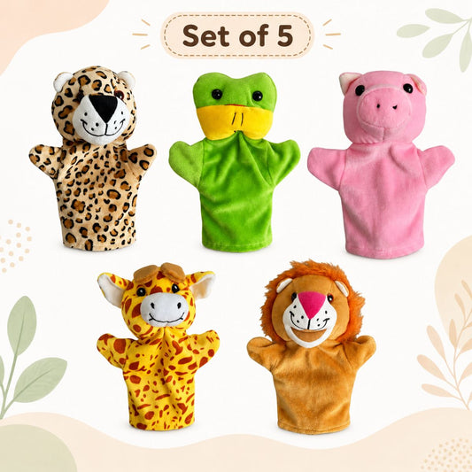 Animal Hand Puppet Set for Kids – Frog, Giraffe, Pig, Cheetah & Lion