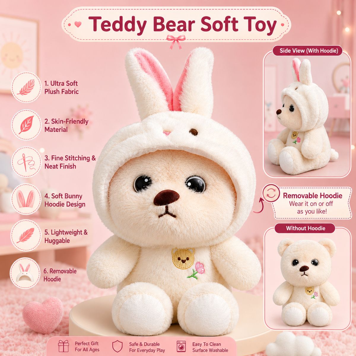 White Hoodie Teddy Bear Plush Toy for Kids & Gifting | Toys Cartel