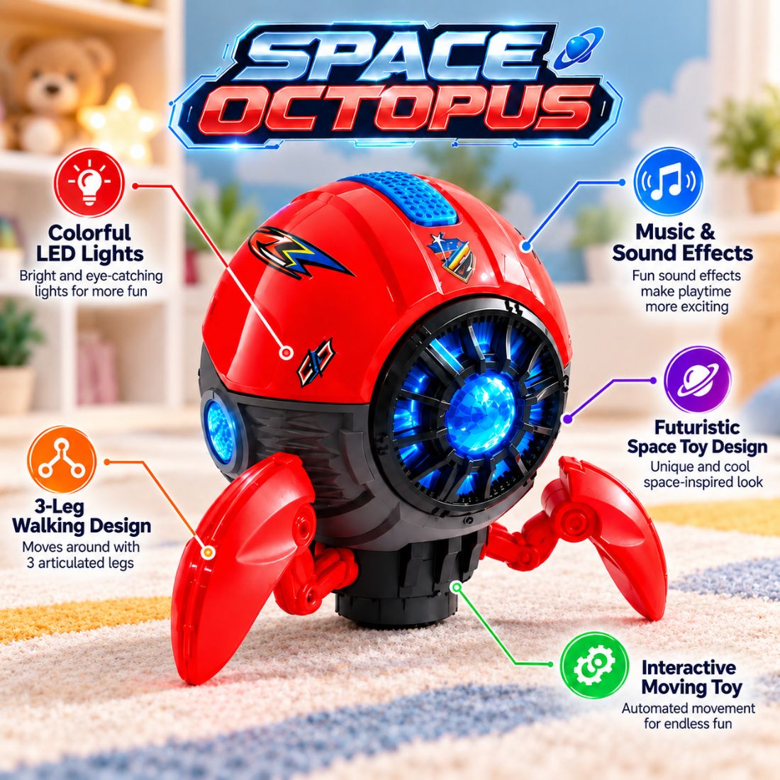 Space Octopus Bump & Go Musical Toy with Lights & 360° Rotation (Red)