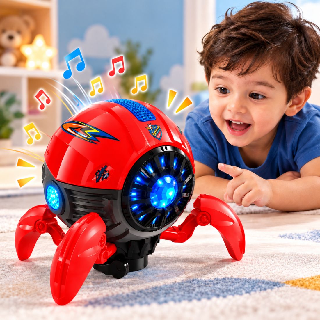 Space Octopus Bump & Go Musical Toy with Lights & 360° Rotation (Red)