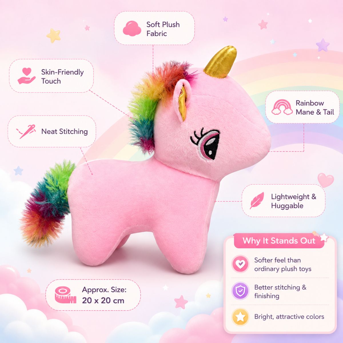 Pink Unicorn Soft Toy For Kids | Cute Plush Stuffed Unicorn