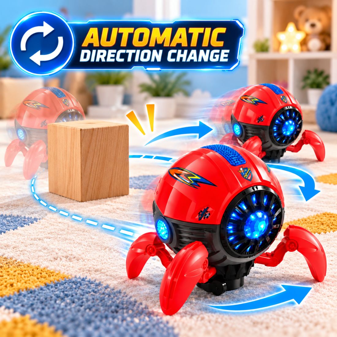 Space Octopus Bump & Go Musical Toy with Lights & 360° Rotation (Red)