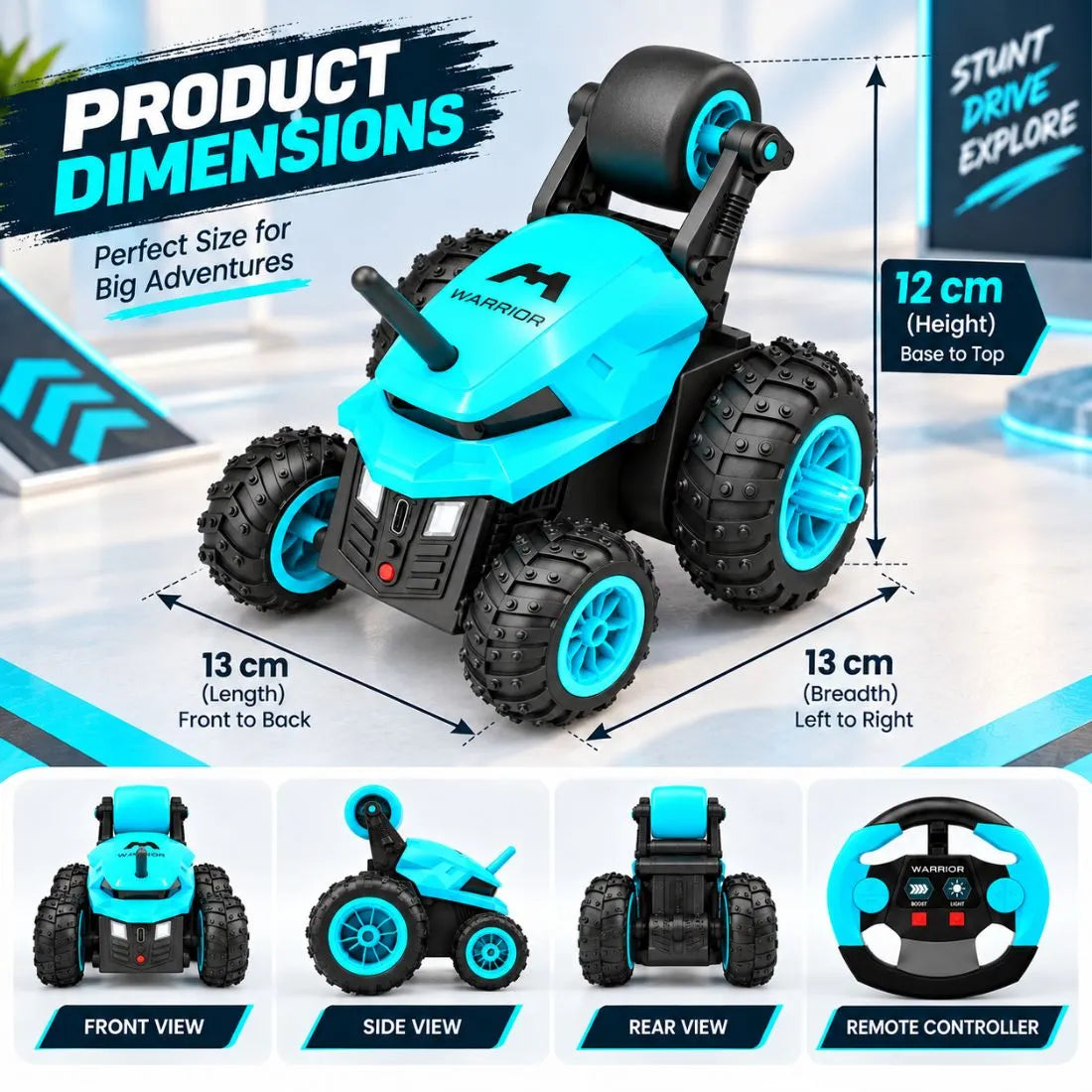 Warrior 360° RC Stunt Car for Kids | 7 Stunt Modes, LED Lights & Speed Boost (Sky Blue)