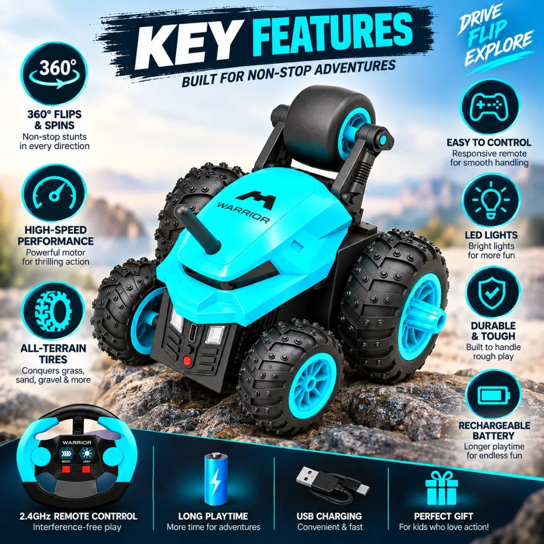 Warrior 360° RC Stunt Car for Kids | 7 Stunt Modes, LED Lights & Speed Boost (Sky Blue)