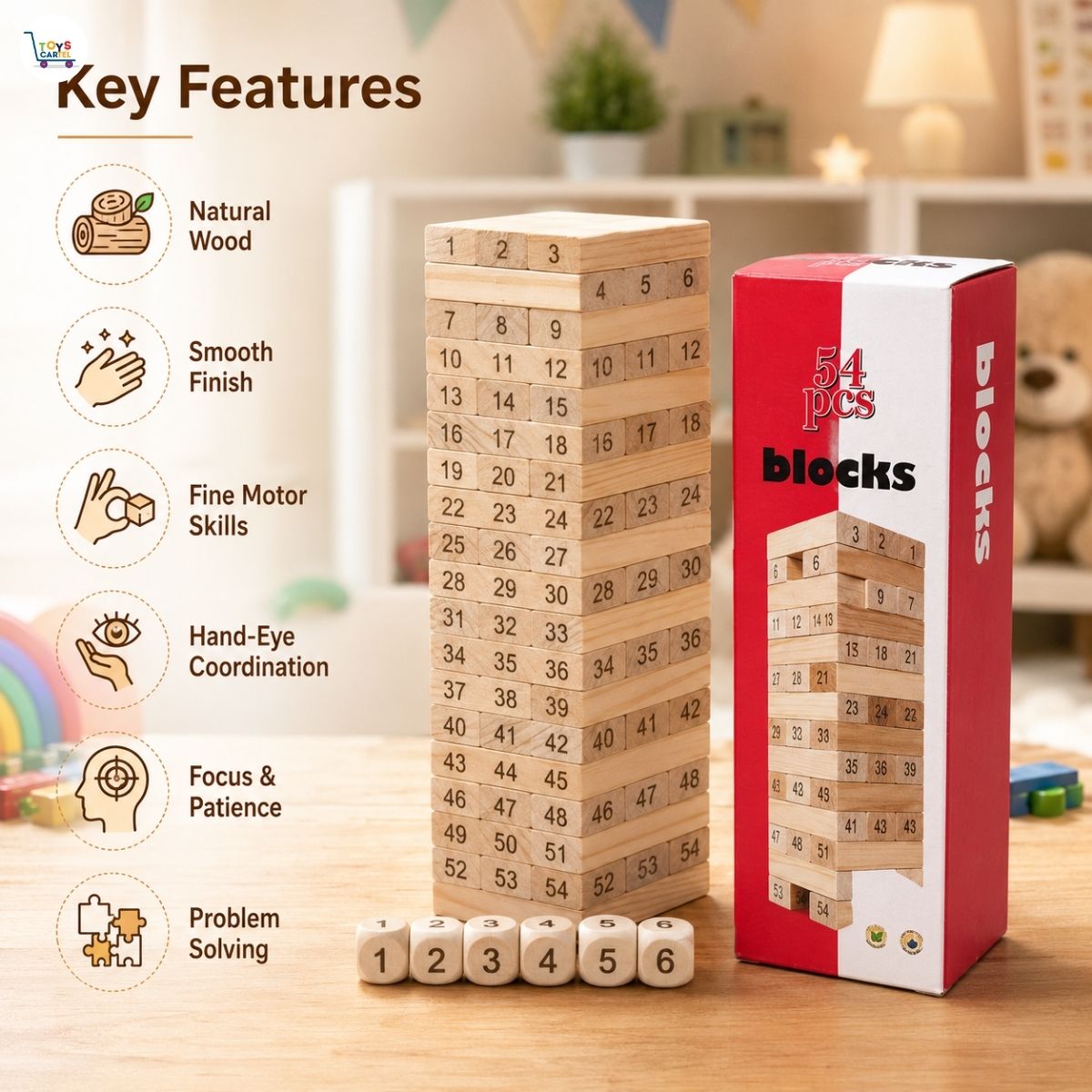 Wooden Stacking Blocks Toy | 54 Pieces for Kids