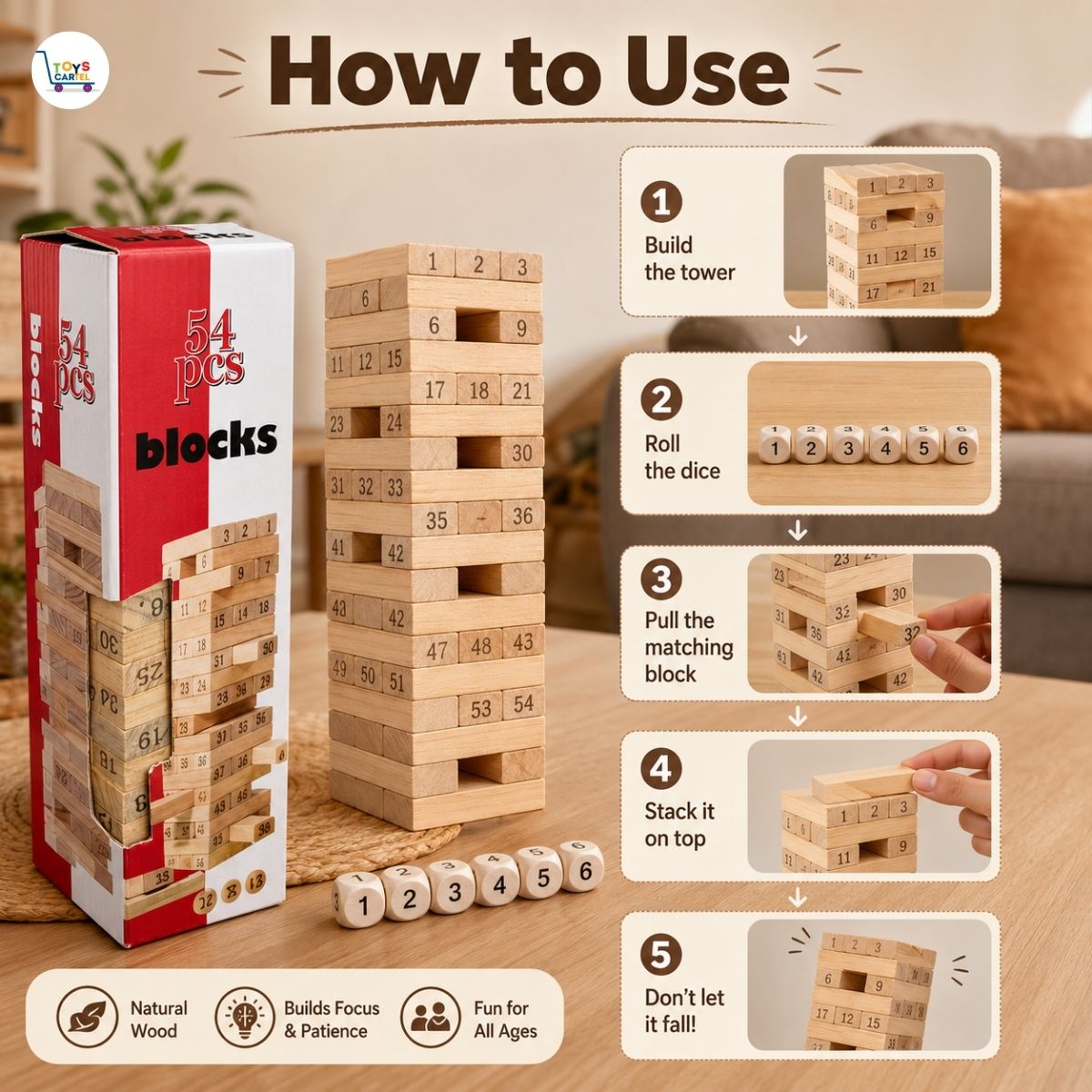 Wooden Stacking Blocks Toy | 54 Pieces for Kids