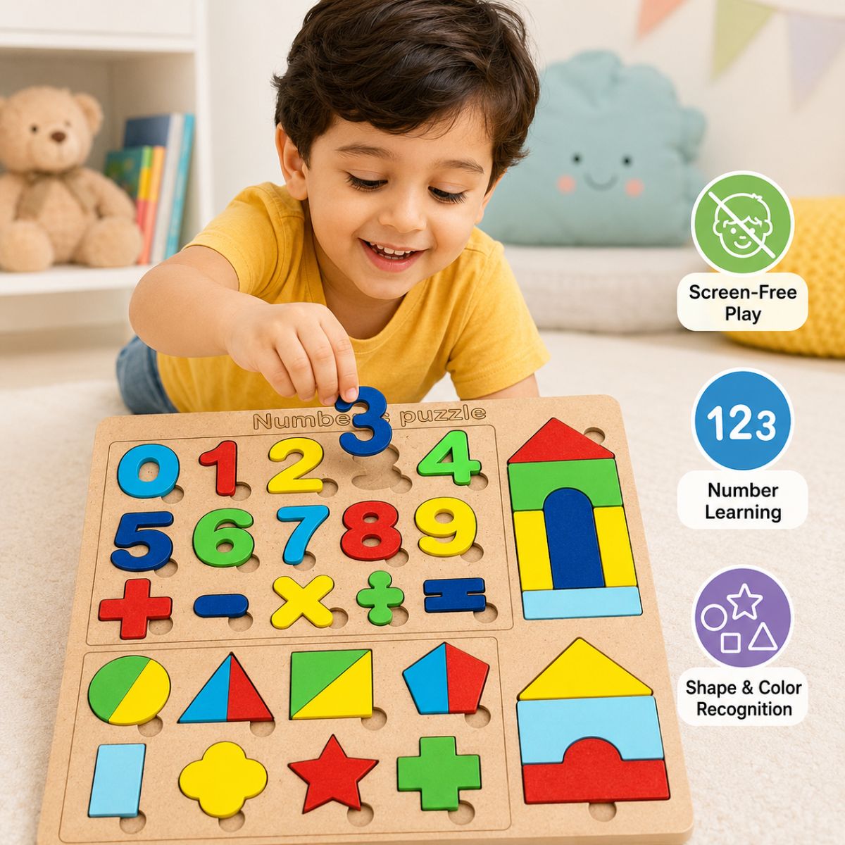Wooden Numbers & Shapes Puzzle Board for Kids