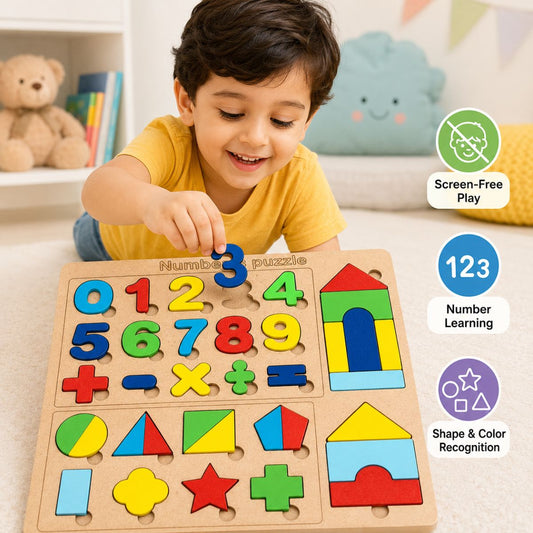 Wooden Numbers & Shapes Puzzle Board for Kids