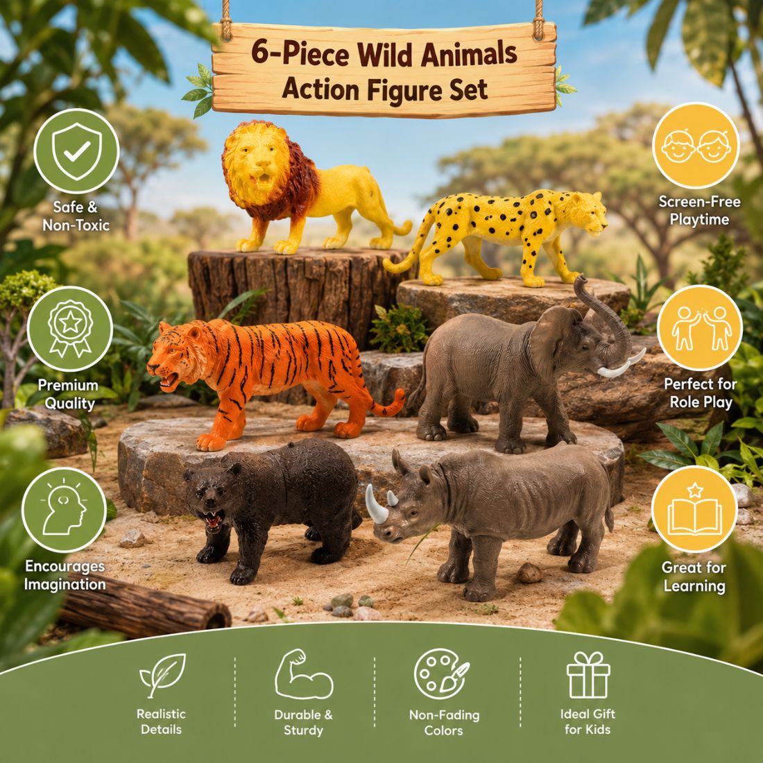 6 Pcs Jungle Animal Toy Set | Realistic Wild Zoo Animal Figures for Kids