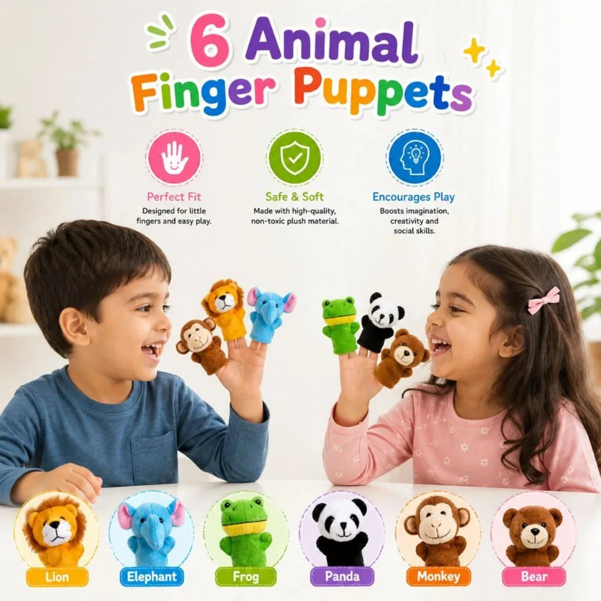 Cute Animal Finger Puppets for Kids | Soft Puppet Set of 6