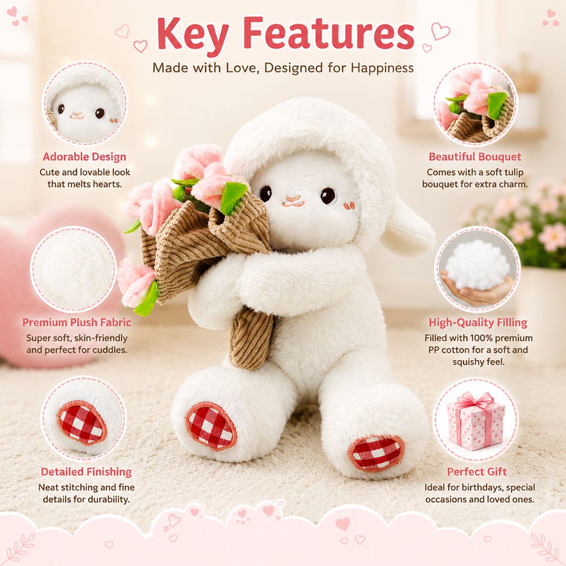 Cute Lamb Sheep Soft Toy with 2-in-1 Convertible Bouquet Hat