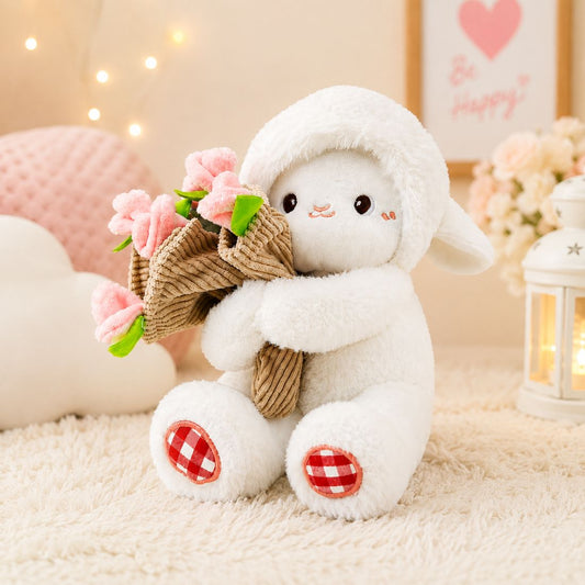 Cuddly Bunny Soft Toy with Flower Bouquet – Cute Stuffed Toy for Kids