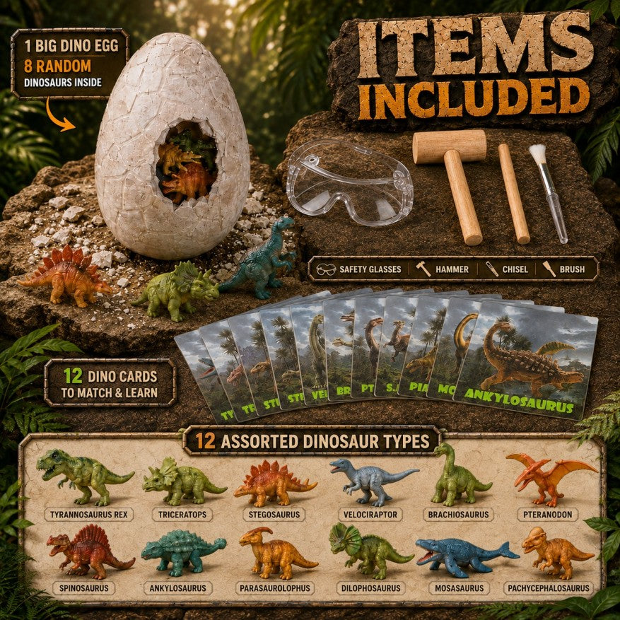 Dinosaur Egg Dig Kit for Kids – Dinosaur Excavation Toy with 8 Mini Dinosaurs, Digging Tools & Learning Cards