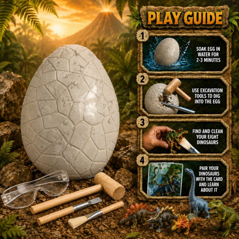 Dinosaur Egg Dig Kit for Kids – Dinosaur Excavation Toy with 8 Mini Dinosaurs, Digging Tools & Learning Cards