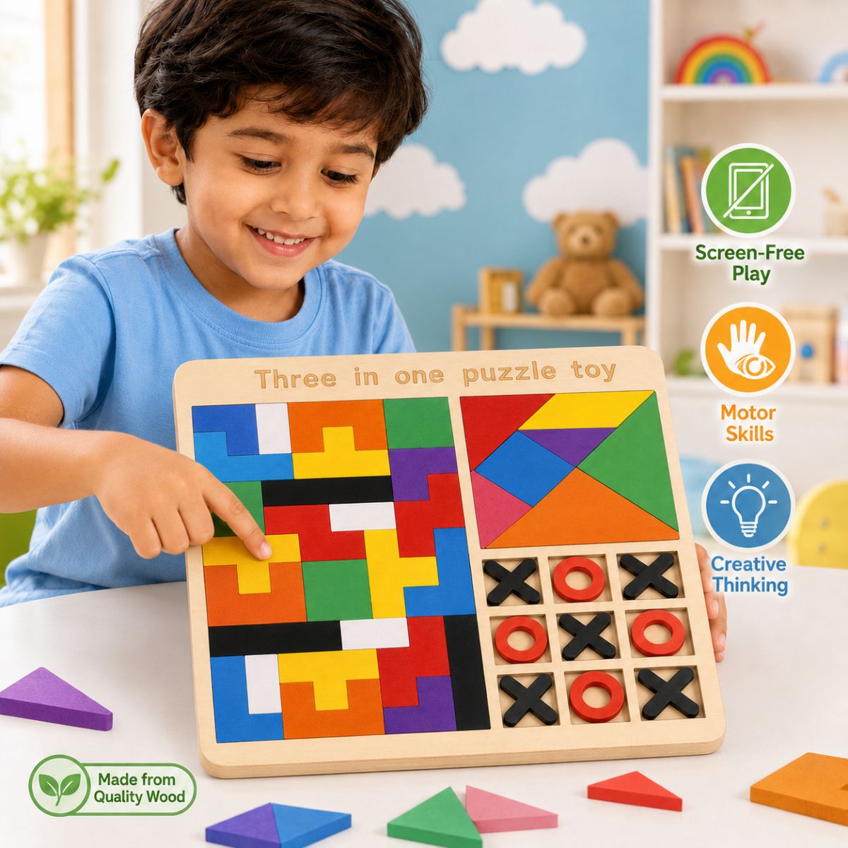 3-in-1 Wooden Puzzle Board Game for Kids | Tangram & Tic Tac Toe