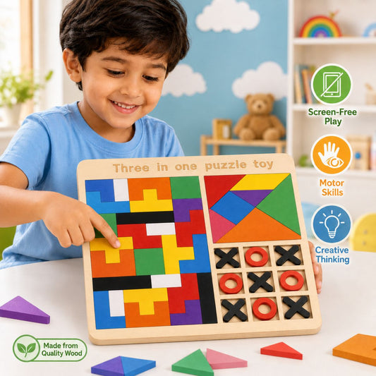 3-in-1 Wooden Puzzle Board Game for Kids | Tangram & Tic Tac Toe