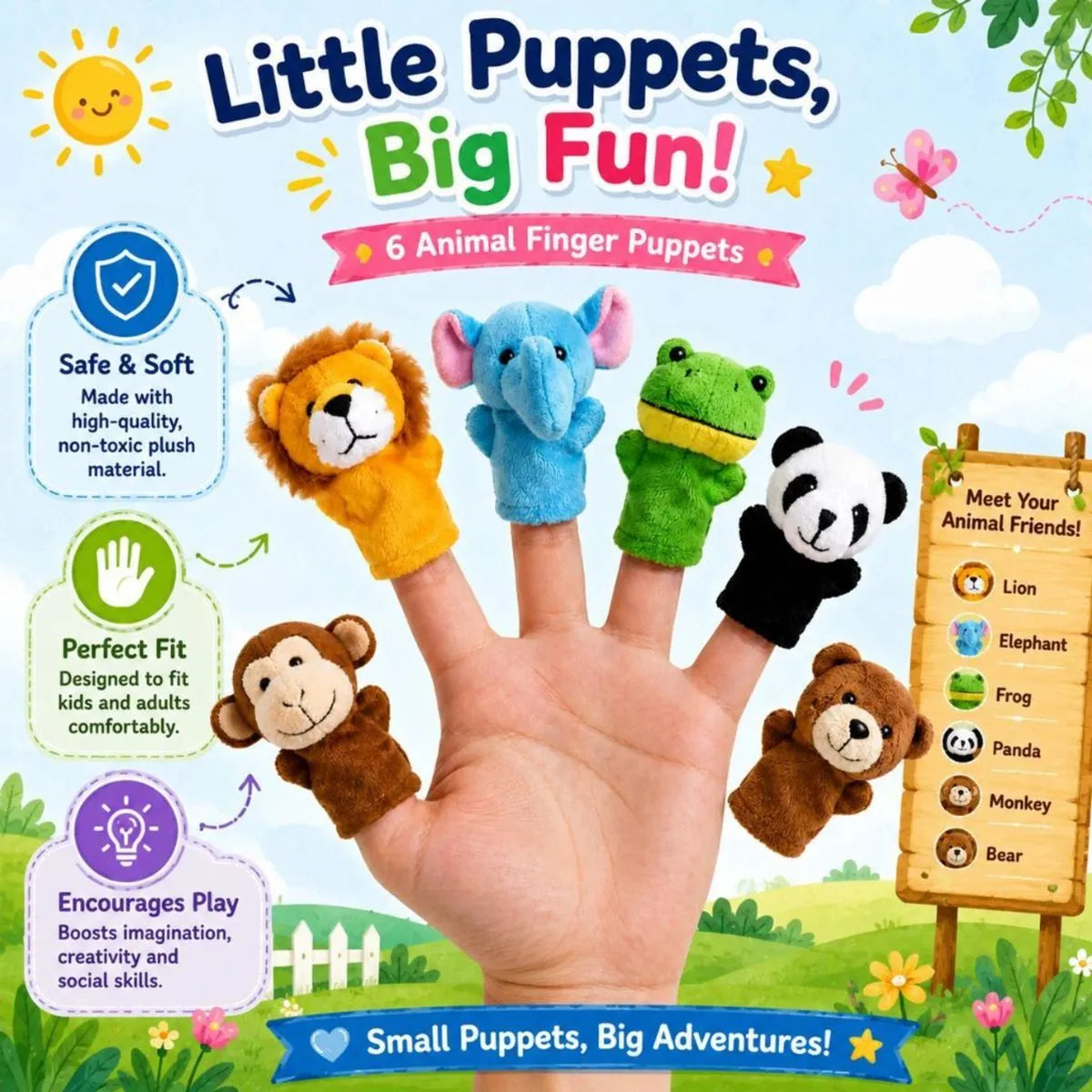 Cute Animal Finger Puppets for Kids | Soft Puppet Set of 6