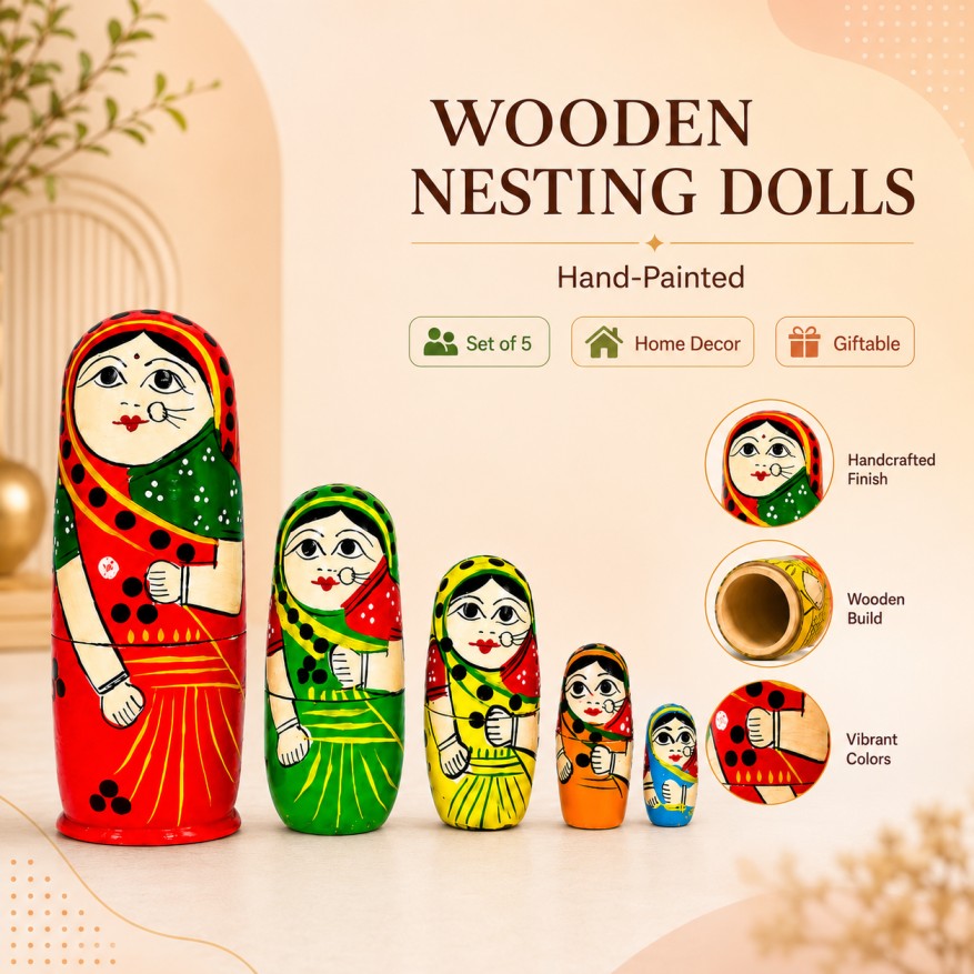 Channapatna Wooden Dolls Set of 5 | Traditional Indian Wooden Toys