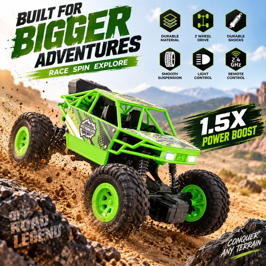 Duster 2WD RC Monster Truck for Kids | Rechargeable Off-Road Remote Control Car with Smoke Effect (Green)