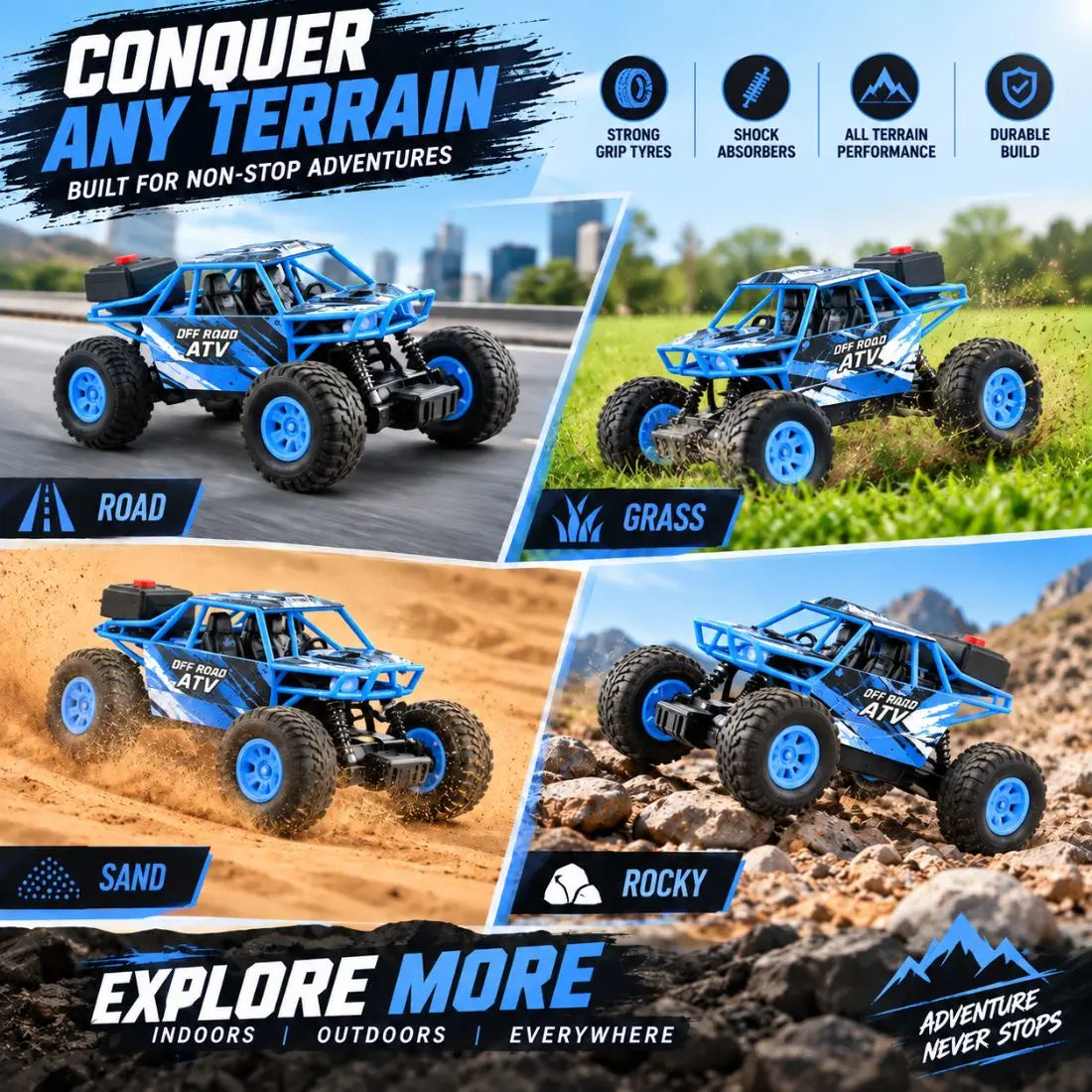Duster 2WD RC Monster Truck for Kids | Rechargeable Off-Road Remote Control Car with Smoke Effect (Blue)