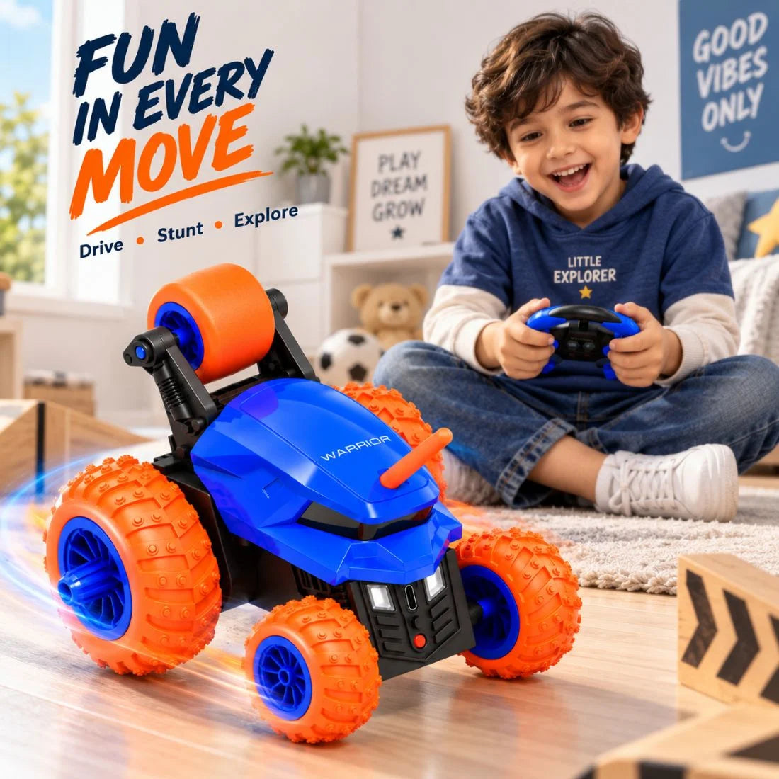Warrior 360° RC Stunt Car for Kids | 7 Stunt Modes, LED Lights & Speed Boost (Blue)