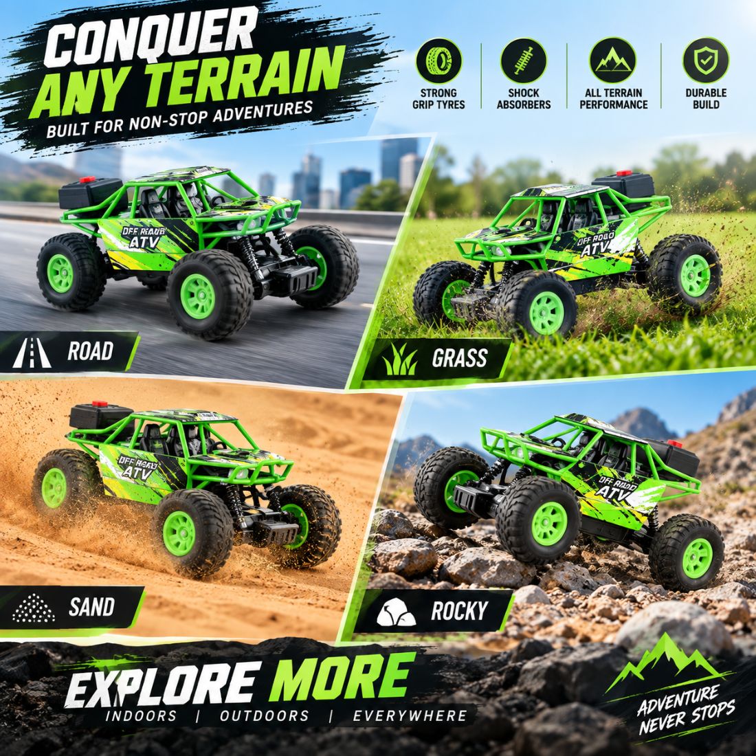 Duster 2WD RC Monster Truck for Kids | Rechargeable Off-Road Remote Control Car with Smoke Effect (Green)