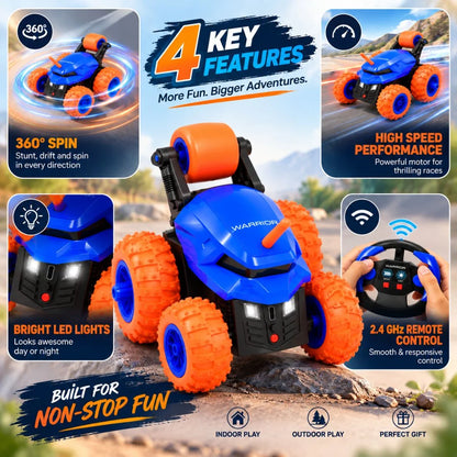 Warrior 360° RC Stunt Car for Kids | 7 Stunt Modes, LED Lights & Speed Boost (Blue)