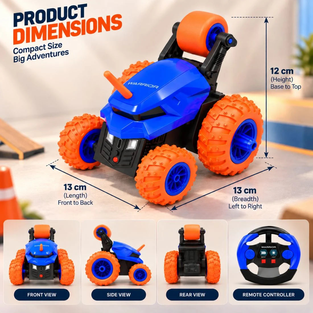 Warrior 360° RC Stunt Car for Kids | 7 Stunt Modes, LED Lights & Speed Boost (Blue)