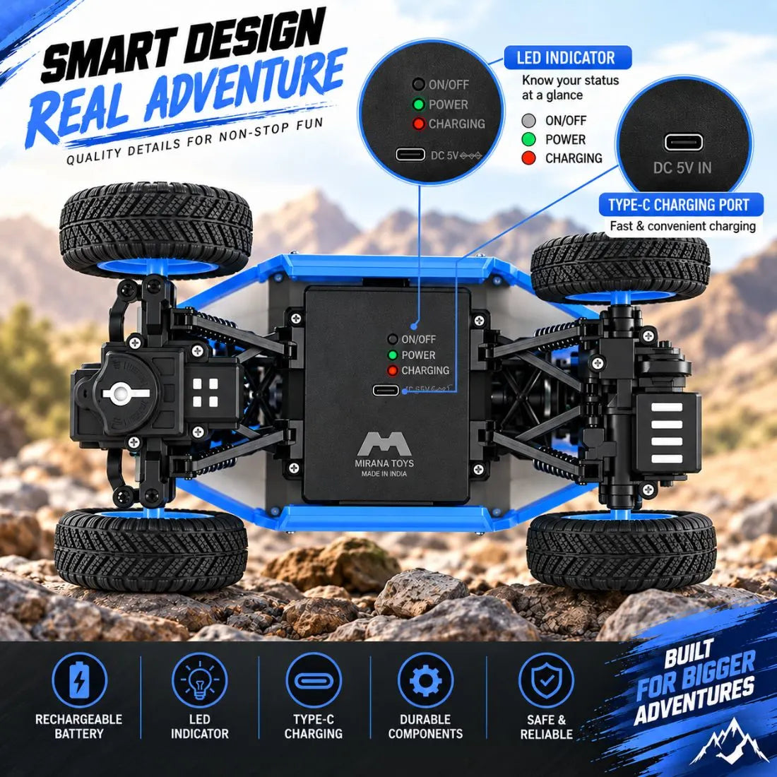 Duster 2WD RC Monster Truck for Kids | Rechargeable Off-Road Remote Control Car with Smoke Effect (Blue)