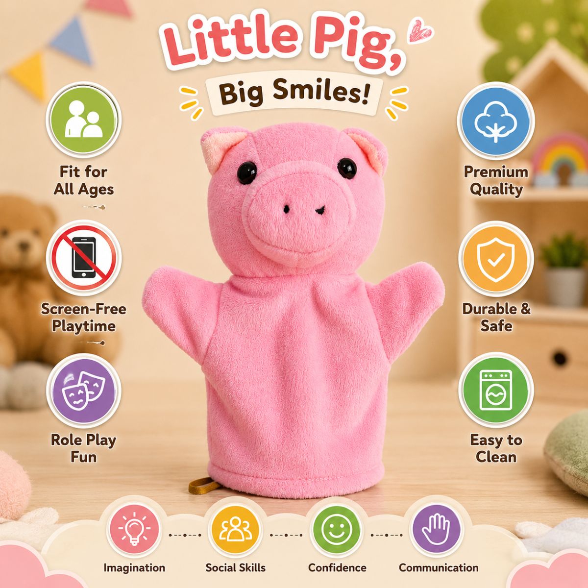 Pink Pig Hand Puppet Soft Toy for Kids | Plush Hand Puppet