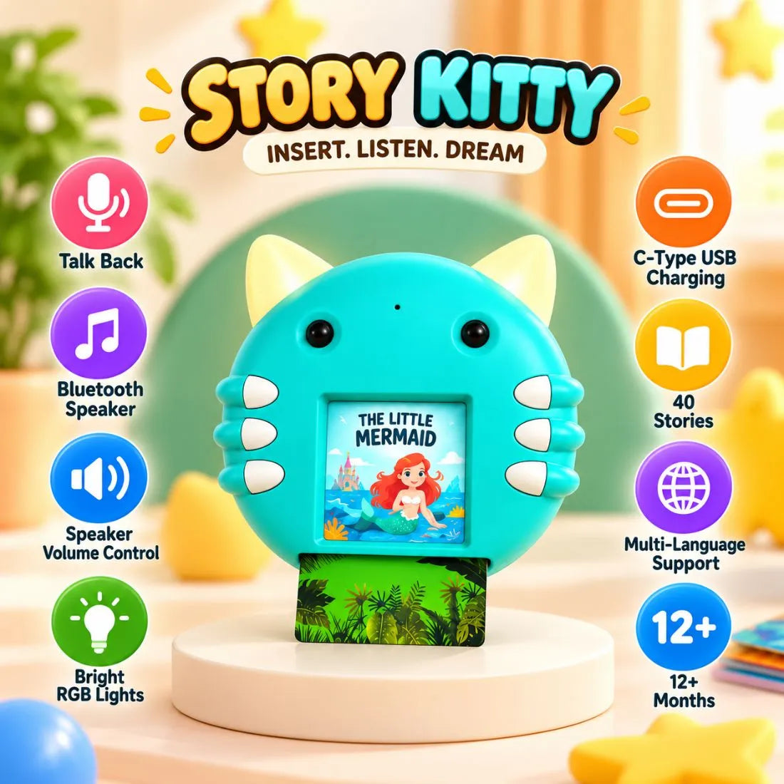 Story Kitty Interactive Learning Toy with 40 Stories, Talk Back & BT Speaker (Blue)