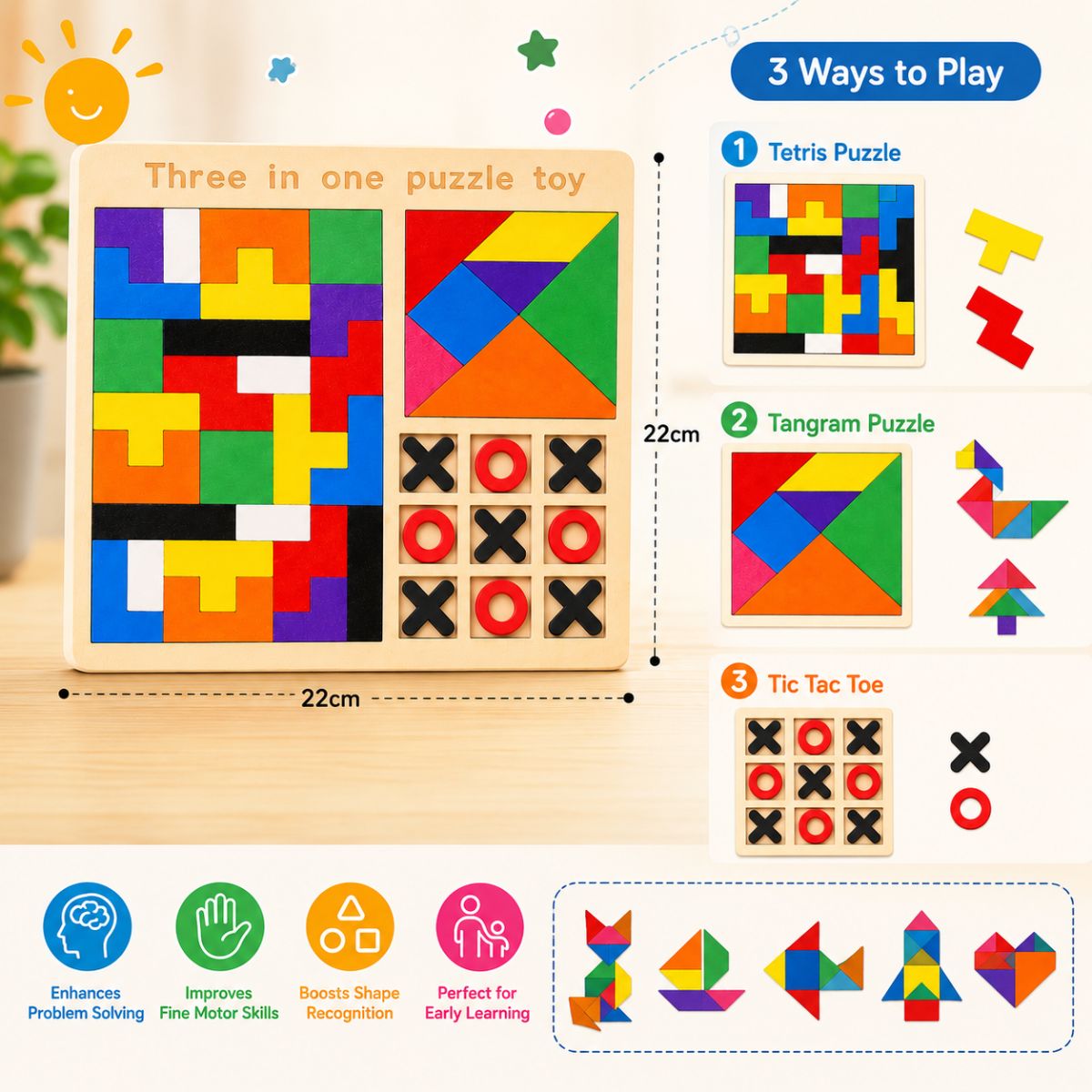 3-in-1 Wooden Puzzle Board Game for Kids | Tangram & Tic Tac Toe
