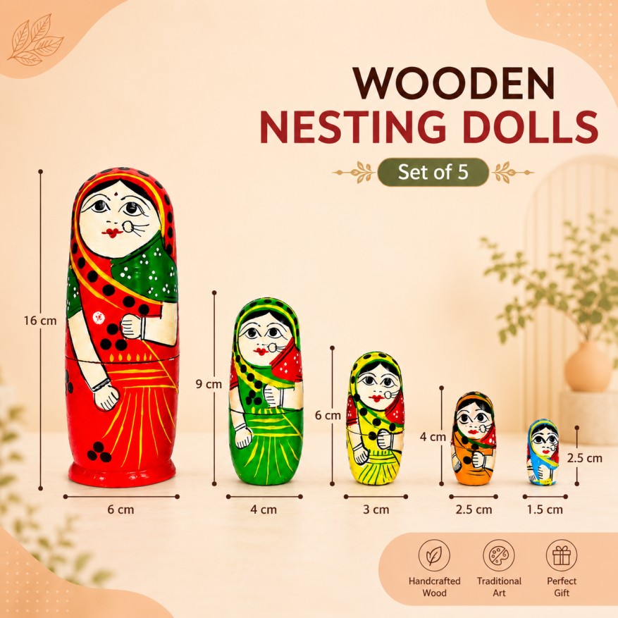Channapatna Wooden Dolls Set of 5 | Traditional Indian Wooden Toys