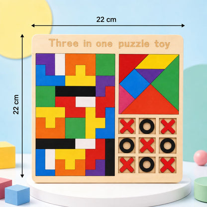 3-in-1 Wooden Puzzle Board Game for Kids | Tangram & Tic Tac Toe